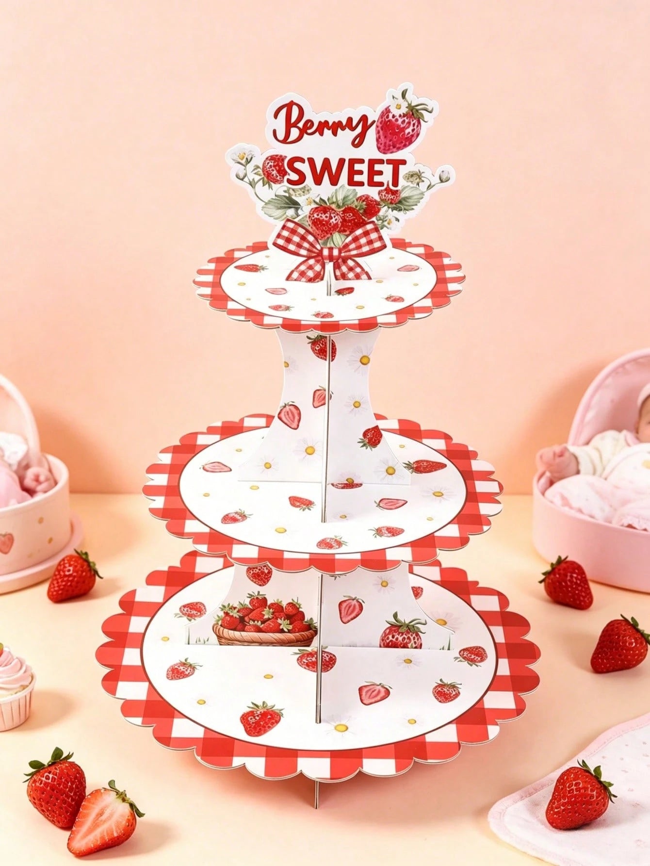 1 Set 3-Tier Strawberry Cupcake Stand, Cupcake Display Rack, Baby Shower Party Cupcake Tower, Birthday Party Tabletop Centerpiece, Birthday Dessert Cupcake Tier, Baby Shower Decor, 1st Birthday Decora