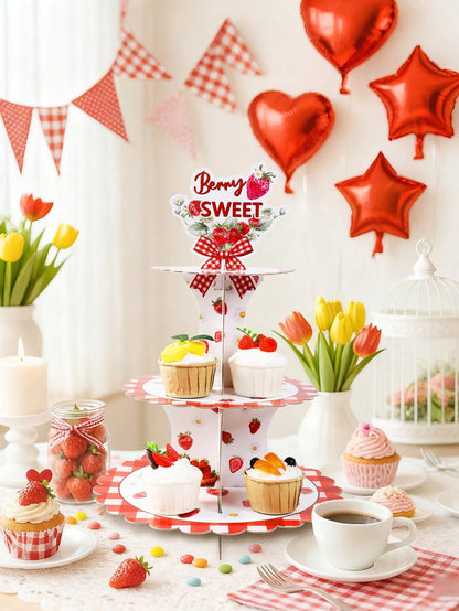 1 Set 3-Tier Strawberry Cupcake Stand, Cupcake Display Rack, Baby Shower Party Cupcake Tower, Birthday Party Tabletop Centerpiece, Birthday Dessert Cupcake Tier, Baby Shower Decor, 1st Birthday Decora