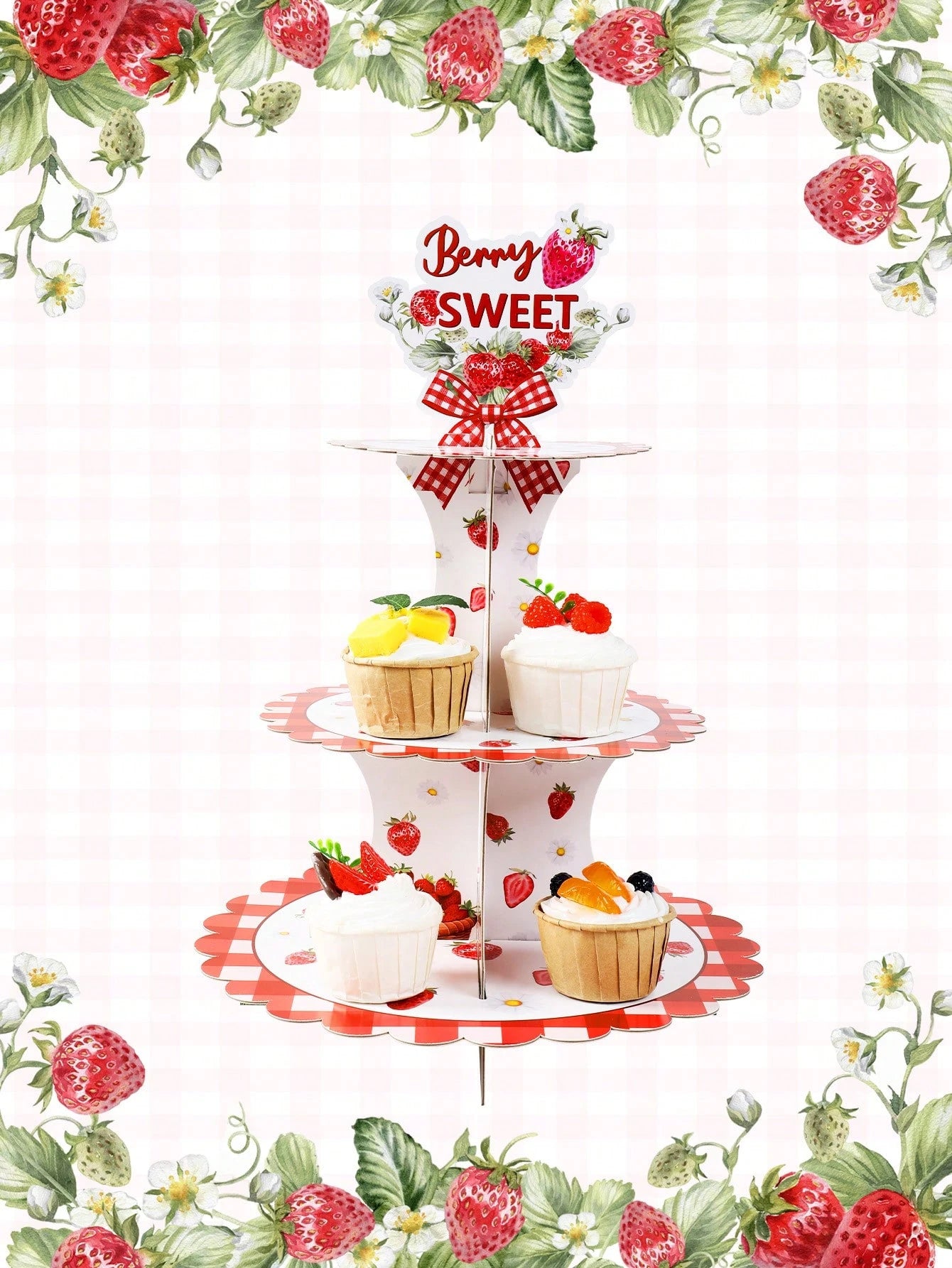 1 Set 3-Tier Strawberry Cupcake Stand, Cupcake Display Rack, Baby Shower Party Cupcake Tower, Birthday Party Tabletop Centerpiece, Birthday Dessert Cupcake Tier, Baby Shower Decor, 1st Birthday Decora