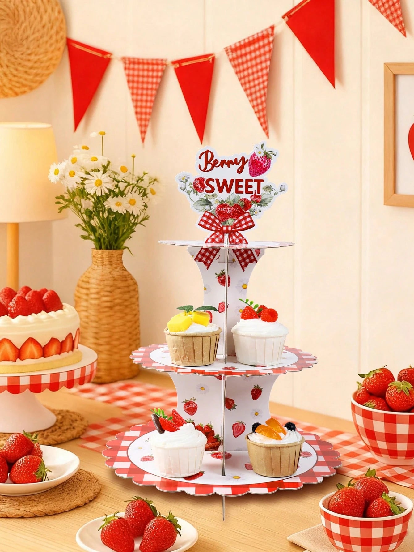 1 Set 3-Tier Strawberry Cupcake Stand, Cupcake Display Rack, Baby Shower Party Cupcake Tower, Birthday Party Tabletop Centerpiece, Birthday Dessert Cupcake Tier, Baby Shower Decor, 1st Birthday Decora