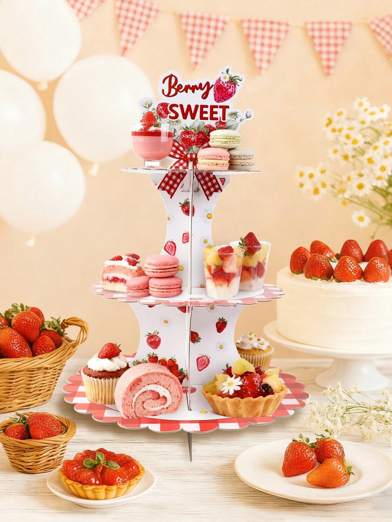 1 Set 3-Tier Strawberry Cupcake Stand, Cupcake Display Rack, Baby Shower Party Cupcake Tower, Birthday Party Tabletop Centerpiece, Birthday Dessert Cupcake Tier, Baby Shower Decor, 1st Birthday Decora