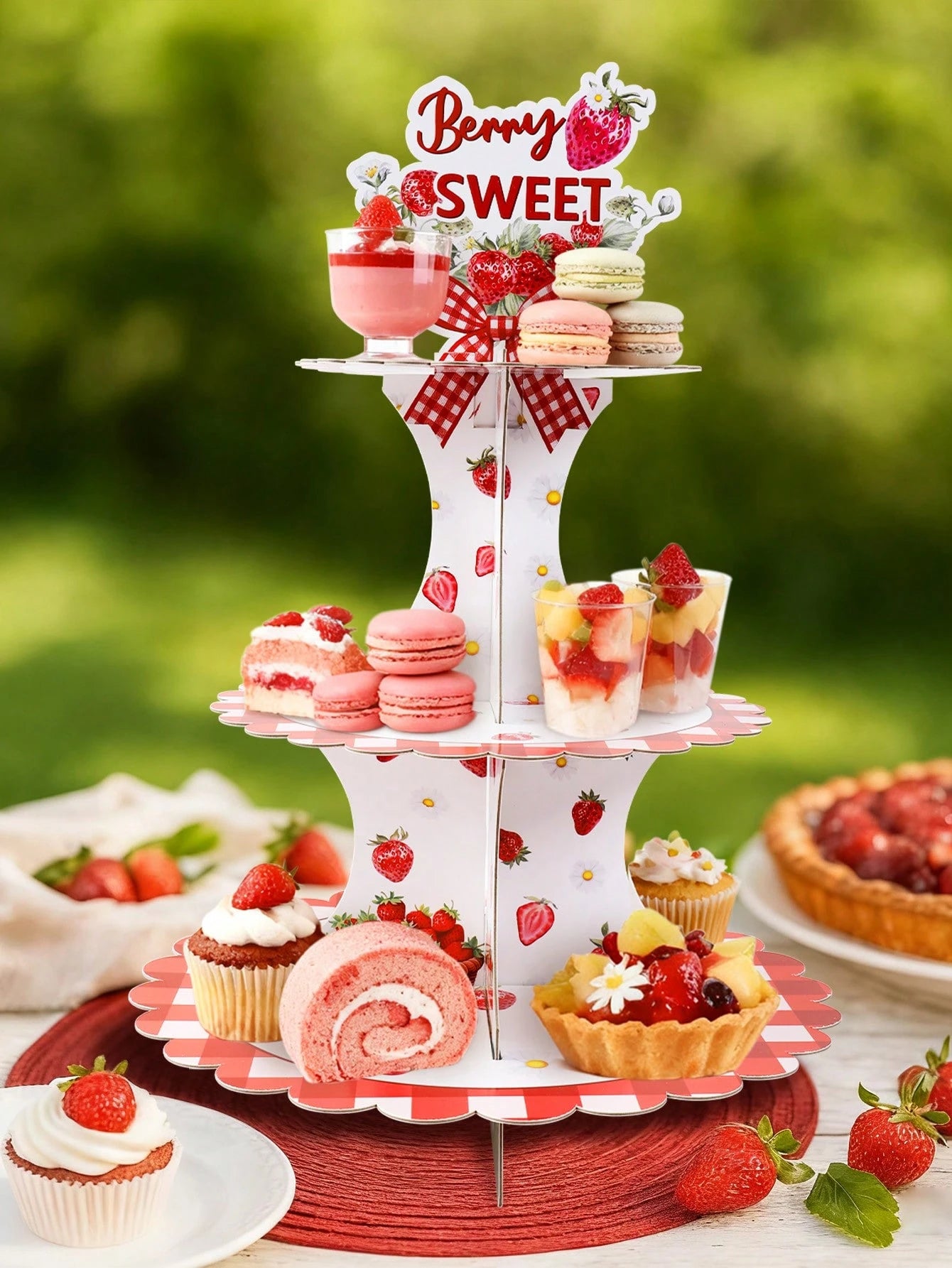 1 Set 3-Tier Strawberry Cupcake Stand, Cupcake Display Rack, Baby Shower Party Cupcake Tower, Birthday Party Tabletop Centerpiece, Birthday Dessert Cupcake Tier, Baby Shower Decor, 1st Birthday Decora