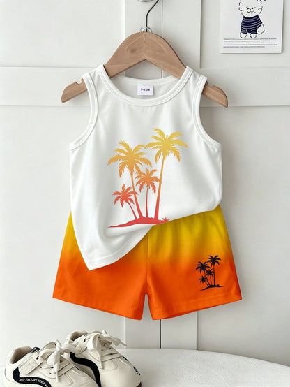 1 Set Baby Boy Summer Vacation Style Lively Casual Coconut Tree Print Top With Sunset Orange Gradient Print Shorts, Suitable For Outdoor Summer Wear