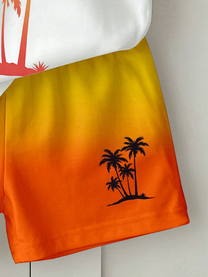 1 Set Baby Boy Summer Vacation Style Lively Casual Coconut Tree Print Top With Sunset Orange Gradient Print Shorts, Suitable For Outdoor Summer Wear