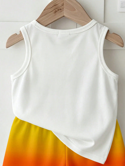 1 Set Baby Boy Summer Vacation Style Lively Casual Coconut Tree Print Top With Sunset Orange Gradient Print Shorts, Suitable For Outdoor Summer Wear