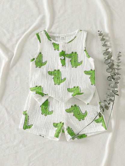 1 Set Baby Boy Summer Vacation Style Lively Casual Coconut Tree Print Top With Sunset Orange Gradient Print Shorts, Suitable For Outdoor Summer Wear