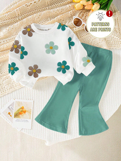 1 Set Baby Girl Casual Cute Floral Print Crew Neck Sweatshirt And Flare Pants Outfit, Autumn/Winter