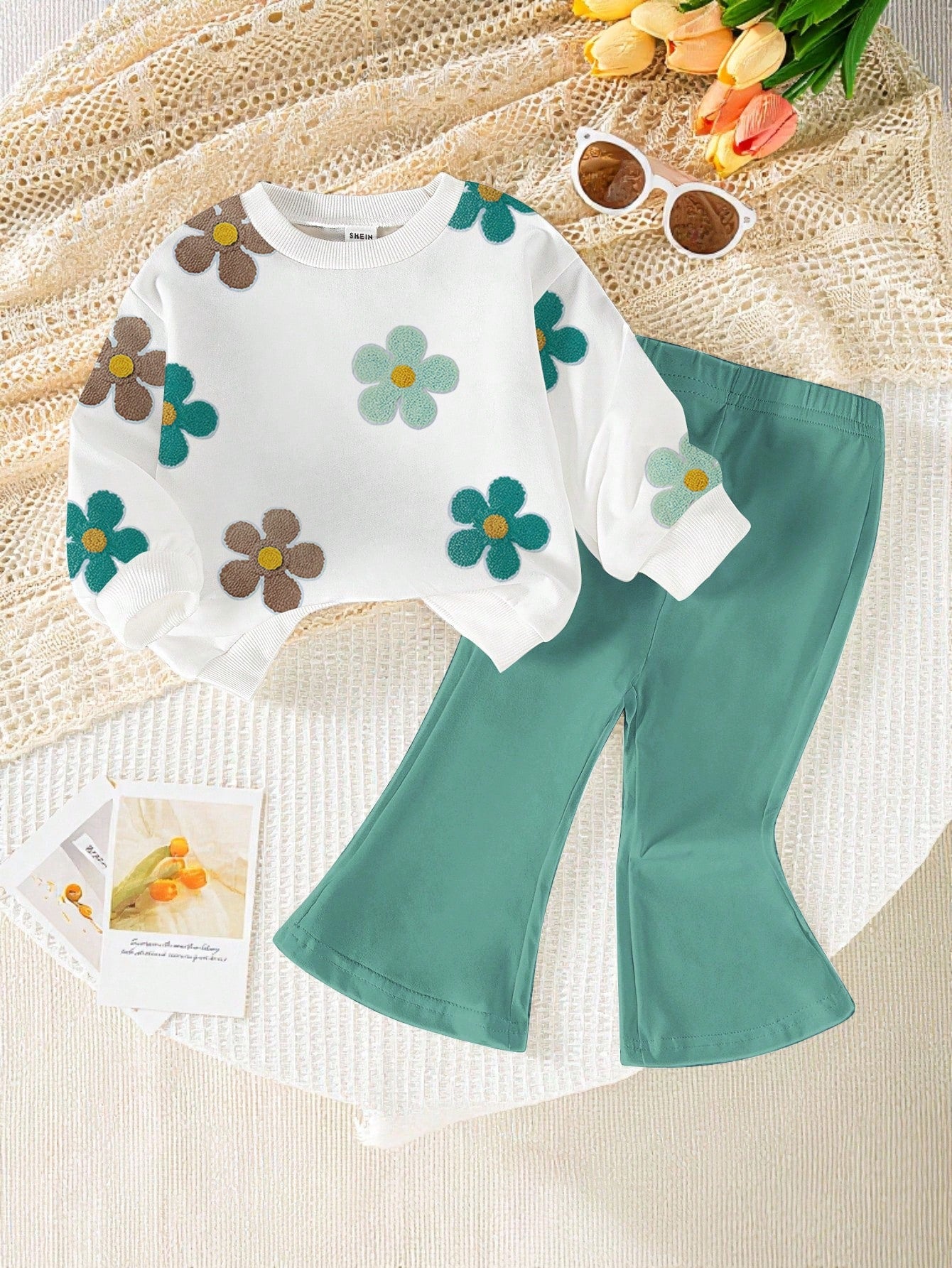 1 Set Baby Girl Casual Cute Floral Print Crew Neck Sweatshirt And Flare Pants Outfit, Autumn/Winter