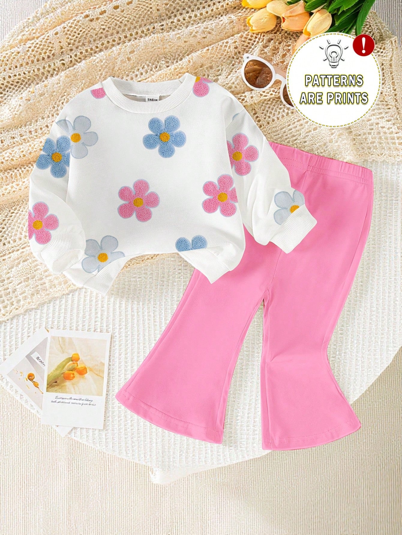 1 Set Baby Girl Casual Cute Floral Print Crew Neck Sweatshirt And Flare Pants Outfit, Autumn/Winter