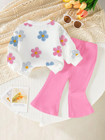 1 Set Baby Girl Casual Cute Floral Print Crew Neck Sweatshirt And Flare Pants Outfit, Autumn/Winter