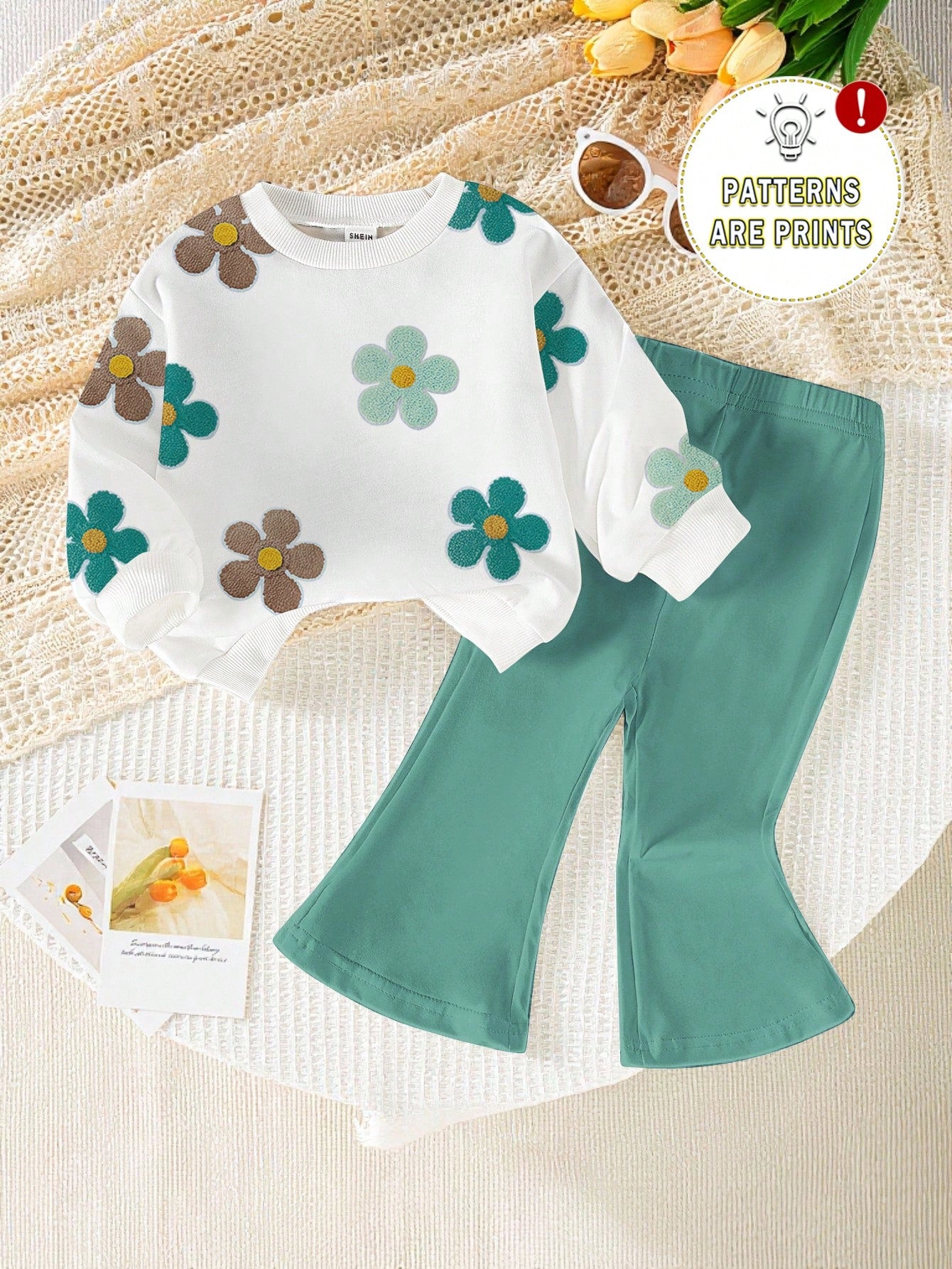 1 Set Baby Girl Casual Cute Floral Print Crew Neck Sweatshirt And Flare Pants Outfit, Autumn/Winter