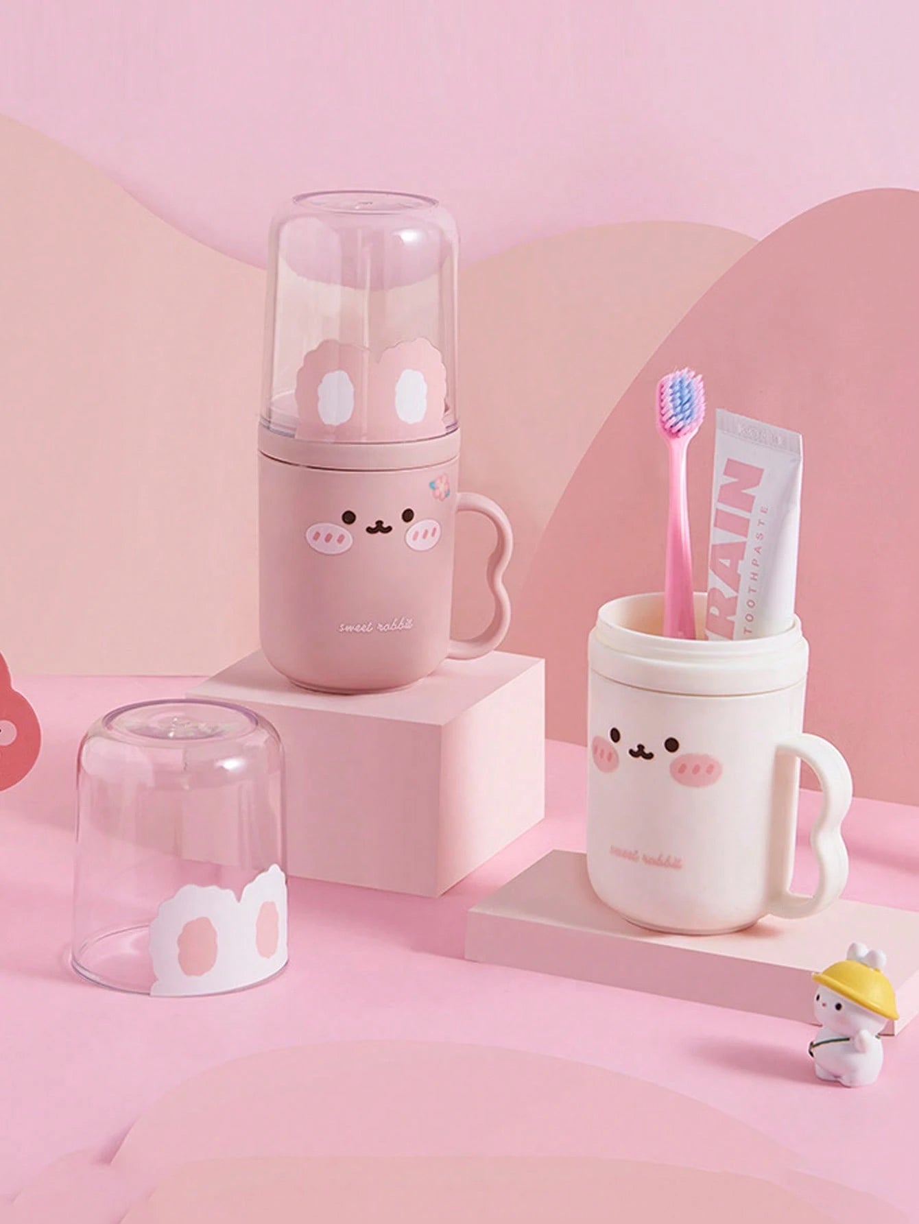 1 Set Cute Rabbit Design Travel Toothbrush Holder & Rinse Cup- Portable Plastic Toothpaste Cup, Bathroom Gargle Cup, Space-Saving Personal Hygiene Solution For Business Travel And Vacation