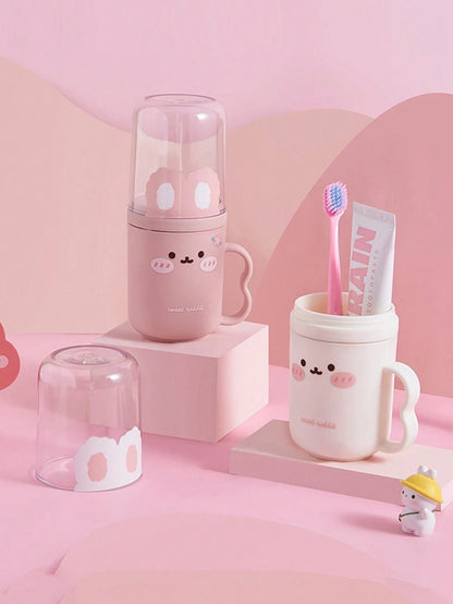 1 Set Cute Rabbit Design Travel Toothbrush Holder & Rinse Cup- Portable Plastic Toothpaste Cup, Bathroom Gargle Cup, Space-Saving Personal Hygiene Solution For Business Travel And Vacation