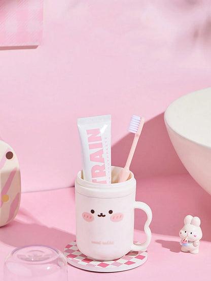 1 Set Cute Rabbit Design Travel Toothbrush Holder & Rinse Cup- Portable Plastic Toothpaste Cup, Bathroom Gargle Cup, Space-Saving Personal Hygiene Solution For Business Travel And Vacation