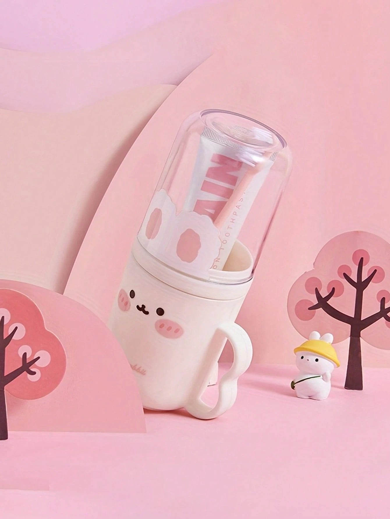 1 Set Cute Rabbit Design Travel Toothbrush Holder & Rinse Cup- Portable Plastic Toothpaste Cup, Bathroom Gargle Cup, Space-Saving Personal Hygiene Solution For Business Travel And Vacation