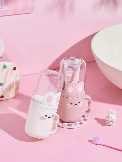 1 Set Cute Rabbit Design Travel Toothbrush Holder & Rinse Cup- Portable Plastic Toothpaste Cup, Bathroom Gargle Cup, Space-Saving Personal Hygiene Solution For Business Travel And Vacation