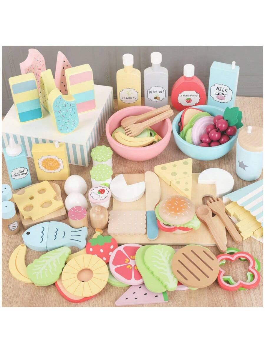 1 Set Kids Play Kitchen Toys Wooden Assorted Fake Snacks Platter, Pretend Play Realistic Vegetable & Fruit Salad Cutting Playset