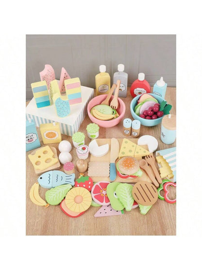 1 Set Kids Play Kitchen Toys Wooden Assorted Fake Snacks Platter, Pretend Play Realistic Vegetable & Fruit Salad Cutting Playset