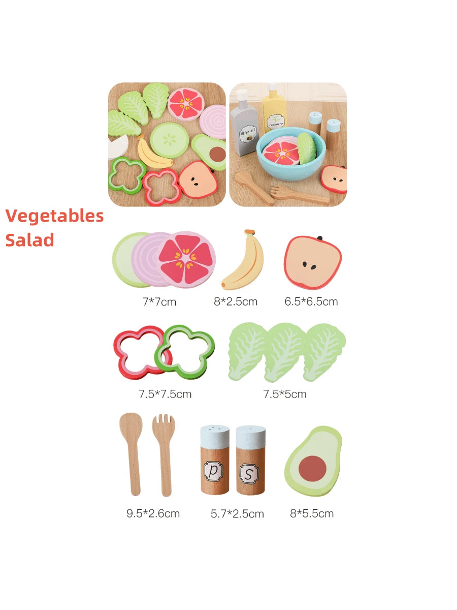 1 Set Kids Play Kitchen Toys Wooden Assorted Fake Snacks Platter, Pretend Play Realistic Vegetable & Fruit Salad Cutting Playset