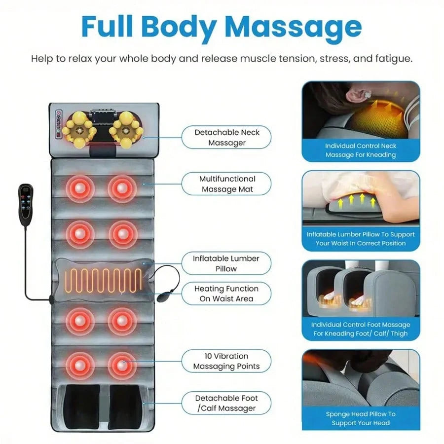 1 Set Of Large Full-Body Heating Massager With Neck And Foot Device And Massage Headrest, Lumbar Mat, Timer Vibration Massager, Comfortable And Wear-Resistant, Non-Slip Bottom, Easy To Store, Suitable