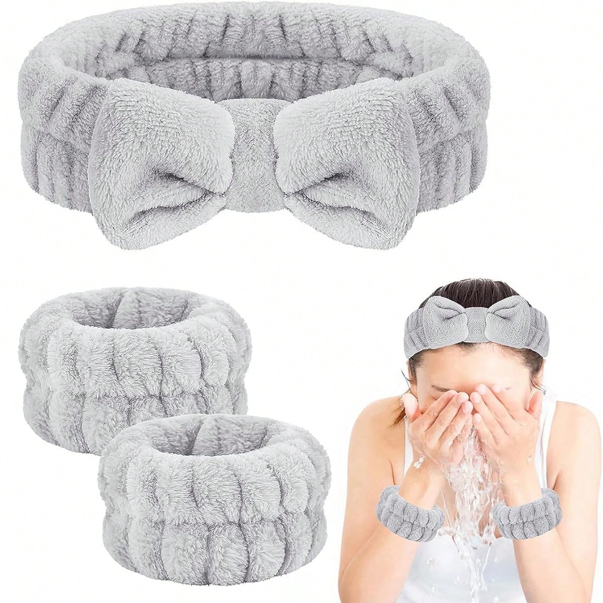 1 Set Skincare Headband And Wristbands, Puffy Spa Make Up Headband For Washing Face, Soft Headbands For Women, A Must-Have Travel Essential & School Essentials, Cute Hair Tie & Skincare Accessories, P
