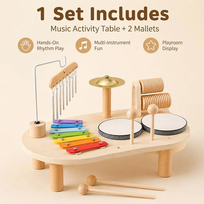 1 Set Wooden Music Activity Table Toy For Kids, Multi-Instrument Play Set With Xylophone, Drum, Cymbal, Chime And 2 Mallets