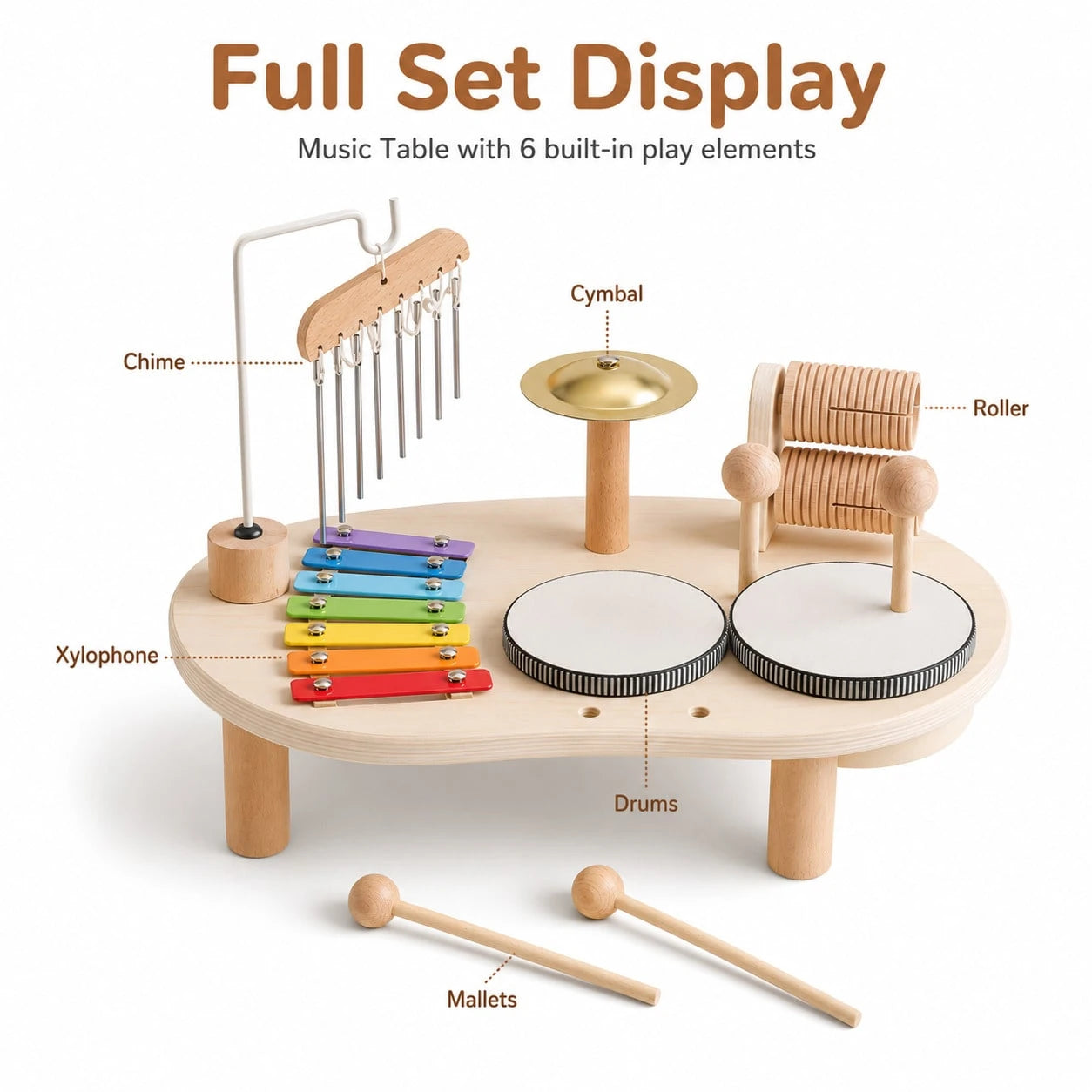 1 Set Wooden Music Activity Table Toy For Kids, Multi-Instrument Play Set With Xylophone, Drum, Cymbal, Chime And 2 Mallets