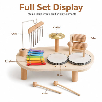 1 Set Wooden Music Activity Table Toy For Kids, Multi-Instrument Play Set With Xylophone, Drum, Cymbal, Chime And 2 Mallets