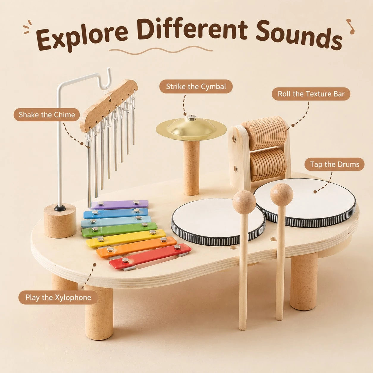 1 Set Wooden Music Activity Table Toy For Kids, Multi-Instrument Play Set With Xylophone, Drum, Cymbal, Chime And 2 Mallets