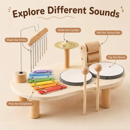 1 Set Wooden Music Activity Table Toy For Kids, Multi-Instrument Play Set With Xylophone, Drum, Cymbal, Chime And 2 Mallets