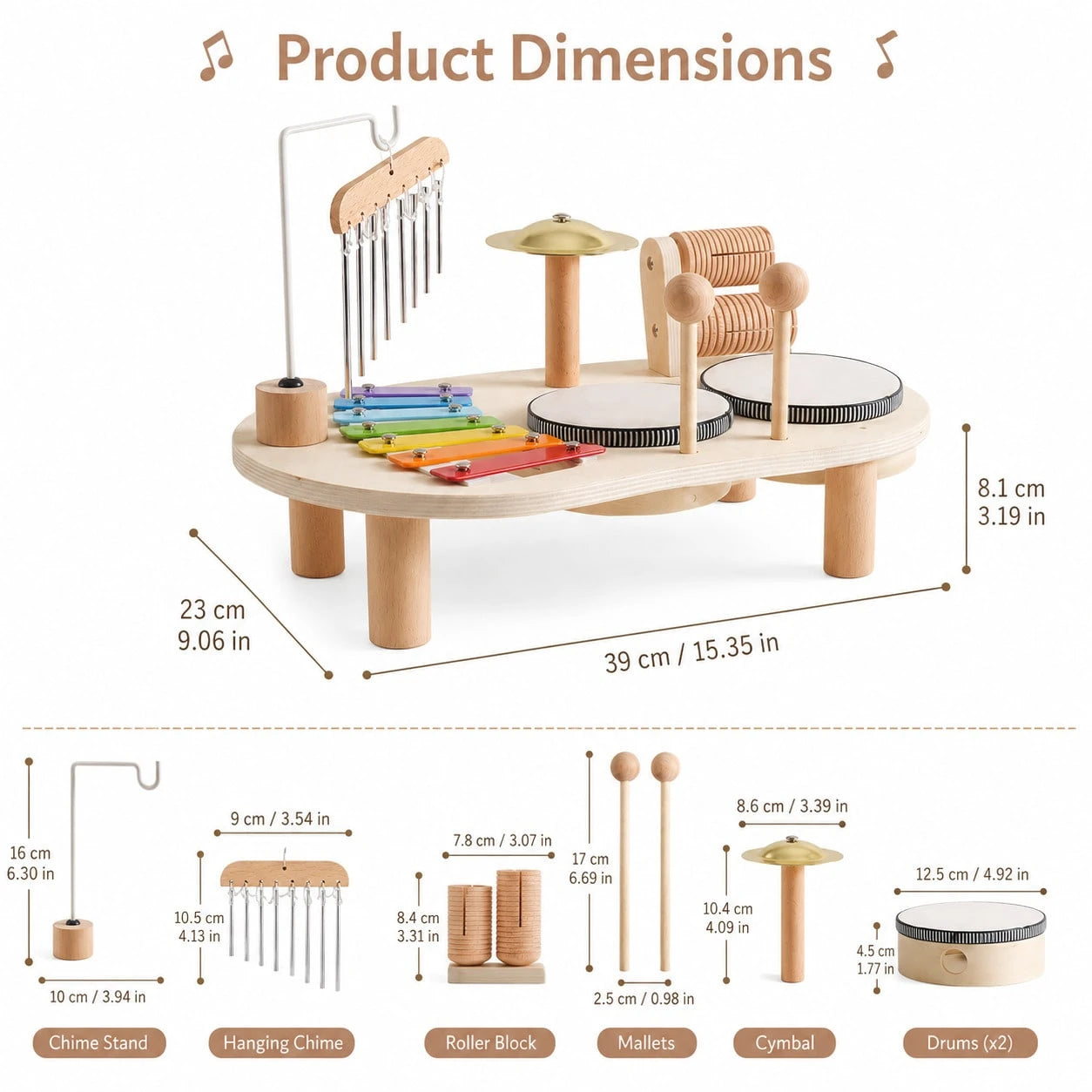 1 Set Wooden Music Activity Table Toy For Kids, Multi-Instrument Play Set With Xylophone, Drum, Cymbal, Chime And 2 Mallets