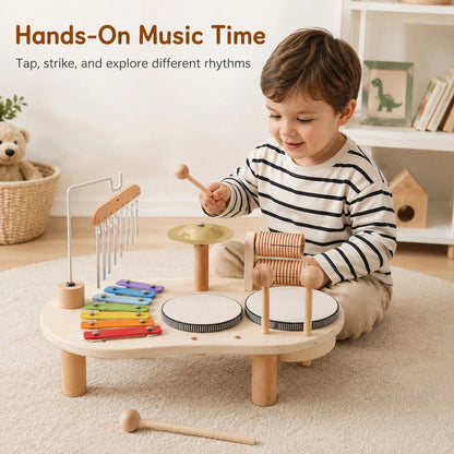 1 Set Wooden Music Activity Table Toy For Kids, Multi-Instrument Play Set With Xylophone, Drum, Cymbal, Chime And 2 Mallets