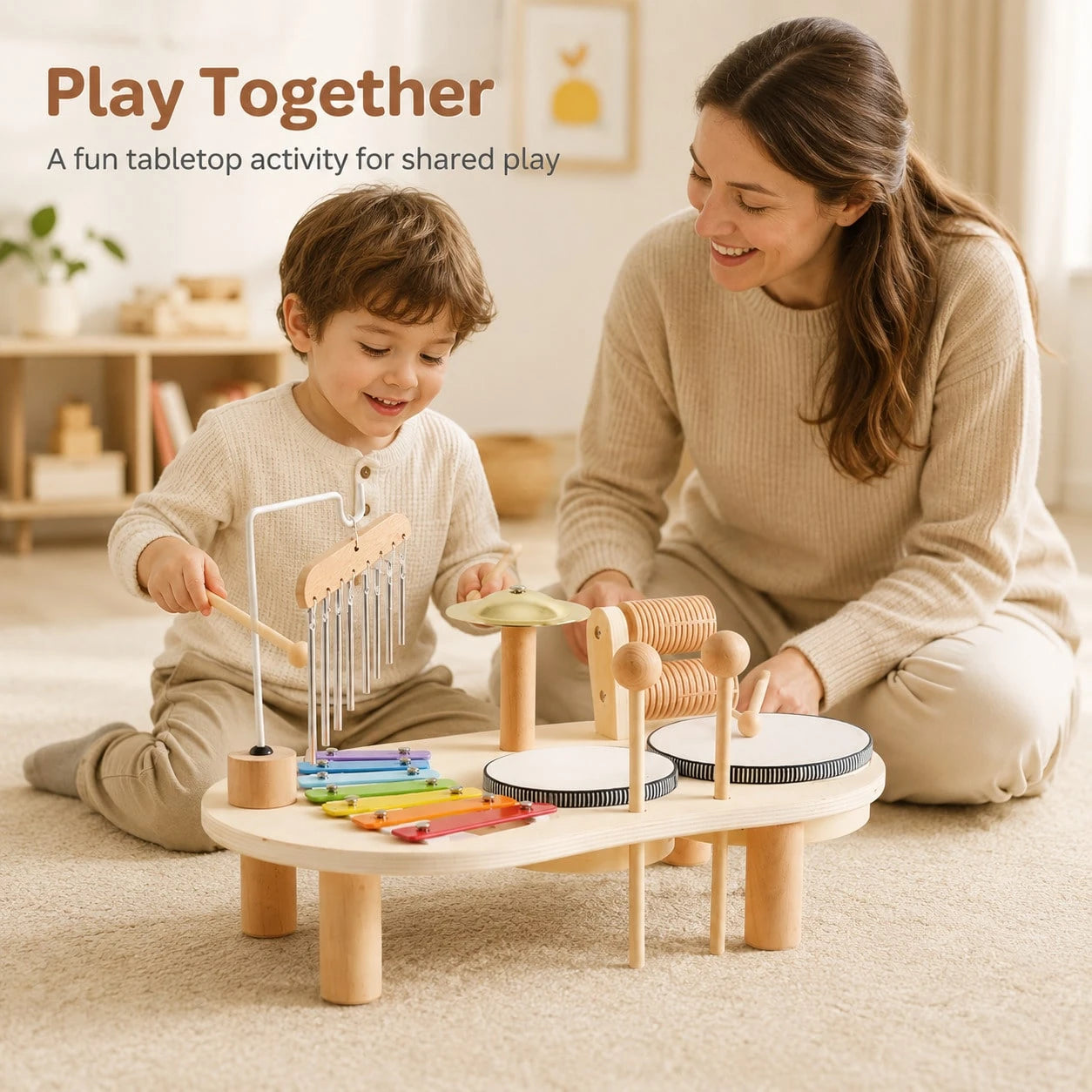 1 Set Wooden Music Activity Table Toy For Kids, Multi-Instrument Play Set With Xylophone, Drum, Cymbal, Chime And 2 Mallets