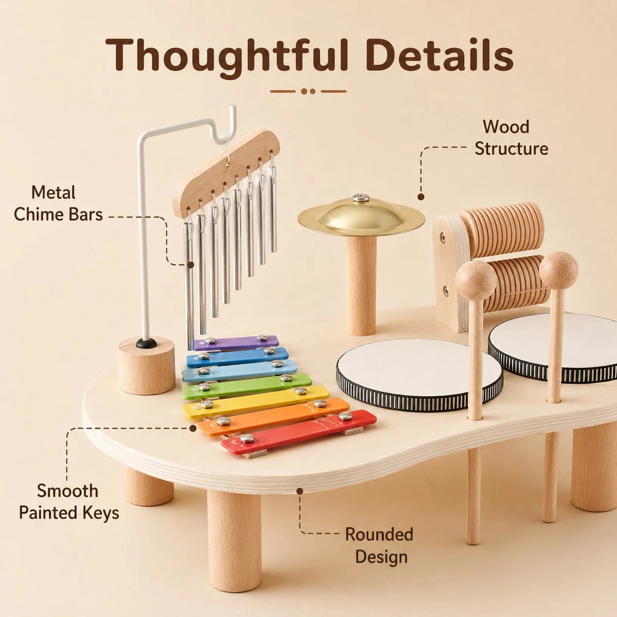 1 Set Wooden Music Activity Table Toy For Kids, Multi-Instrument Play Set With Xylophone, Drum, Cymbal, Chime And 2 Mallets