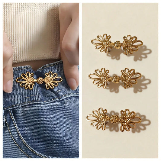 1 Sets Of 2pcs Elegant Waistband Extenders, Adjustable To Tighten Loose Jeans, Adorned With A Golden Wood Grain Design. Suitable For Daily Waist-Tightening, As A Trouser Decorative Accessory, A Must-H