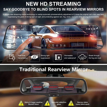 10 Inch IPS Touch Mirror Dash Cam Dual 1080P Front Rear 140° Wide Angle Waterproof Backup Cam G-Sensor Loop Recording Parking Guide Supports 64GB TF Card For All Vehicles Viral Driving Recorder Gift F