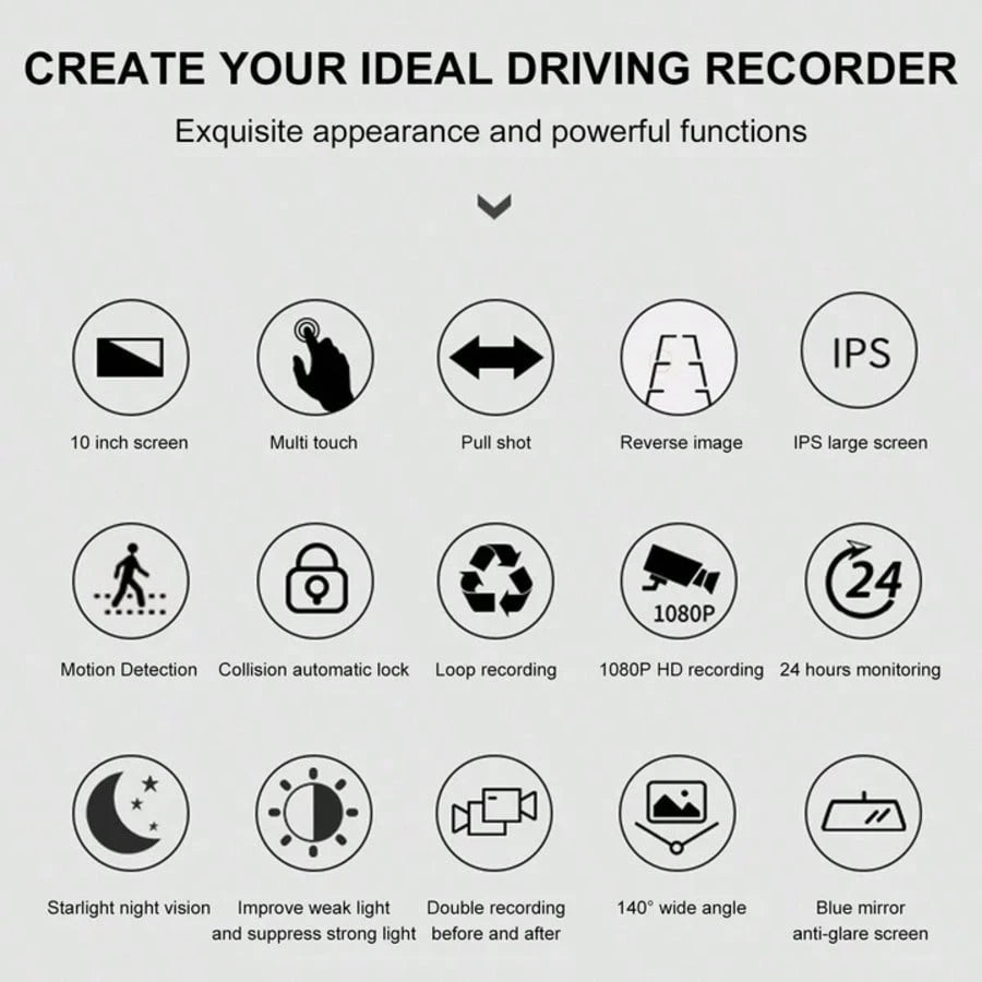 10 Inch IPS Touch Mirror Dash Cam Dual 1080P Front Rear 140° Wide Angle Waterproof Backup Cam G-Sensor Loop Recording Parking Guide Supports 64GB TF Card For All Vehicles Viral Driving Recorder Gift F