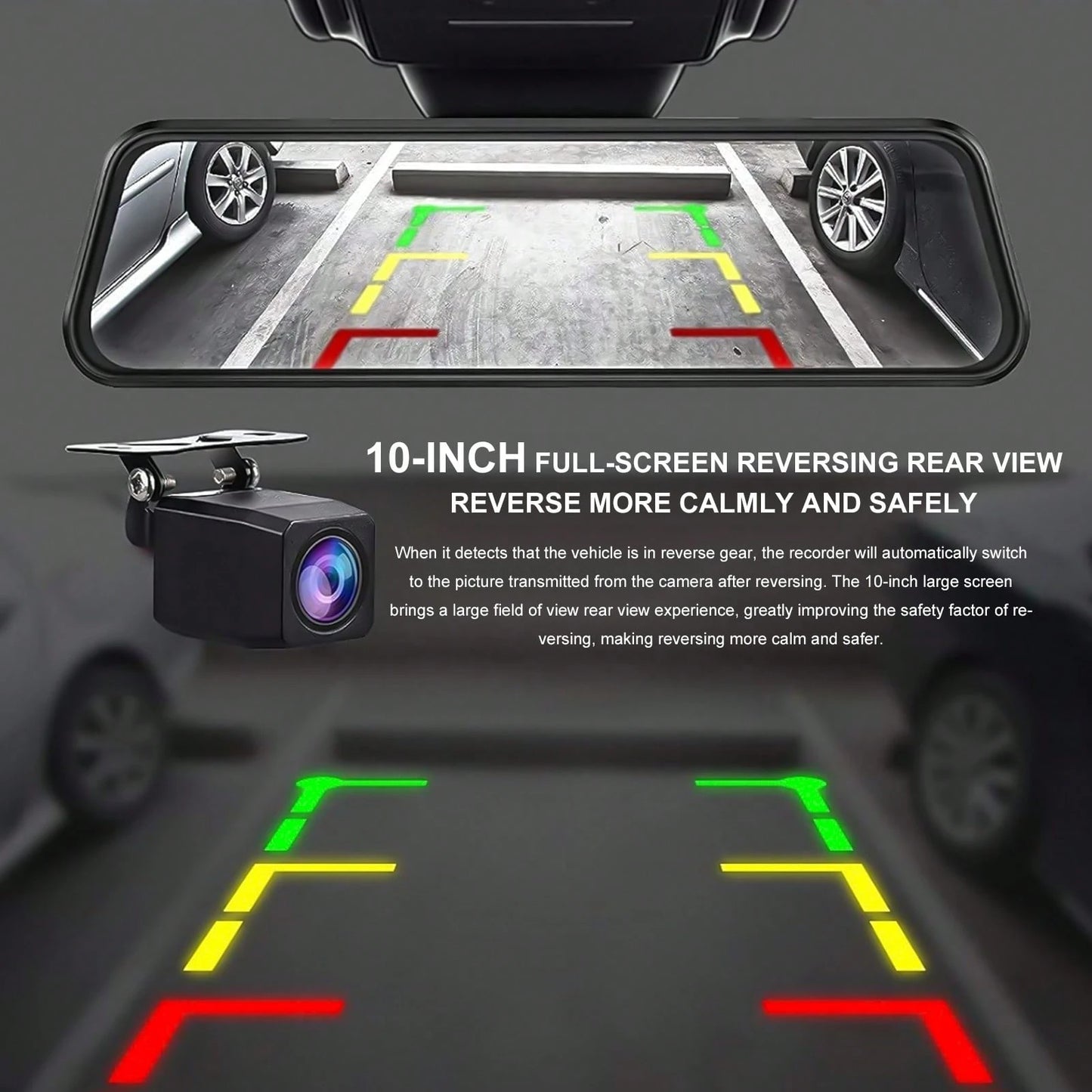 10 Inch IPS Touch Mirror Dash Cam Dual 1080P Front Rear 140° Wide Angle Waterproof Backup Cam G-Sensor Loop Recording Parking Guide Supports 64GB TF Card For All Vehicles Viral Driving Recorder Gift F