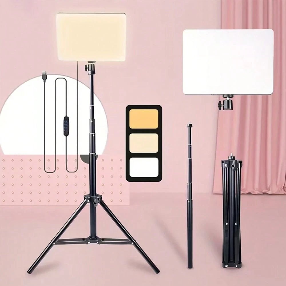10-Inch Live Streaming Fill Light, With A 63-Inch Scalable Adjustable Tripod And An Metal Ball Head For TK YT Live Video Photography-Specific Small Desktop Food Lighting Spotlight, Square Flat Panel S