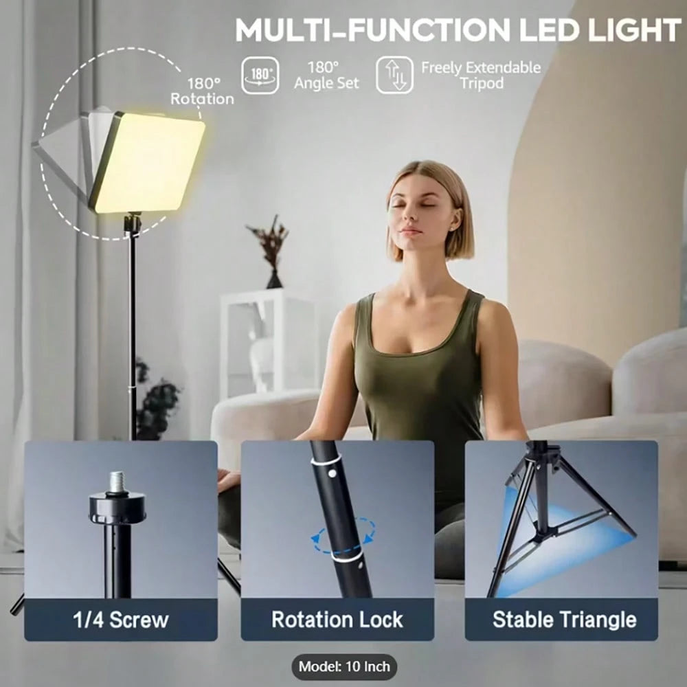 10-Inch Live Streaming Fill Light, With A 63-Inch Scalable Adjustable Tripod And An Metal Ball Head For TK YT Live Video Photography-Specific Small Desktop Food Lighting Spotlight, Square Flat Panel S