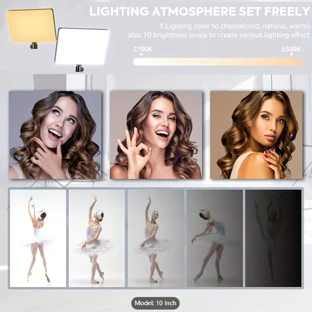 10-Inch Live Streaming Fill Light, With A 63-Inch Scalable Adjustable Tripod And An Metal Ball Head For TK YT Live Video Photography-Specific Small Desktop Food Lighting Spotlight, Square Flat Panel S