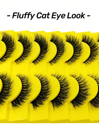 10 Pairs Cat Eye Effect False Eyelashes, Fluffy And Soft Black Lash Stems, Delicate And Natural, Dense Faux Mink, Full Strip Fake Lashes