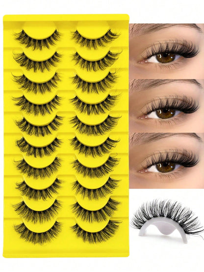 10 Pairs Cat Eye Effect False Eyelashes, Fluffy And Soft Black Lash Stems, Delicate And Natural, Dense Faux Mink, Full Strip Fake Lashes