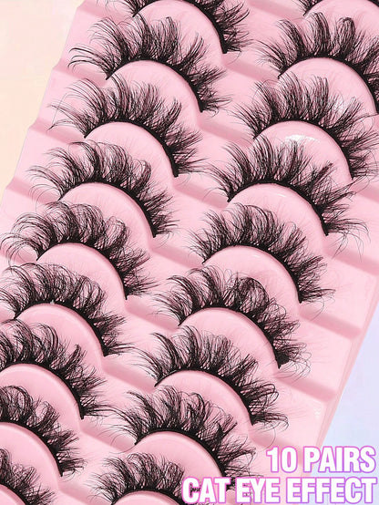 10 Pairs Fluffy 3D Faux Mink Eyelashes, Soft & Full Cat Eye Style Look Like Real Lashes Extended, Natural Look 3D Fluffy Cat Eye Lashes, Faux Mink Full Strip Lashes, Suitable For Any Casual Occasion S