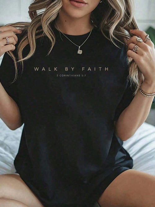 100% Cotton Walk By Faith Christian Bible Verse (Front And Back Design) T-Shirt Summer Tops For Women