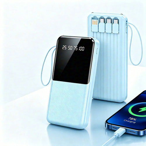 10000mAh Portable Power Bank With Built-In Lightning, USB-C & USB Charging Cables, LED Digital Display, Flashlight, Compact Battery Pack For Travel, Emergency Backup & Daily Use