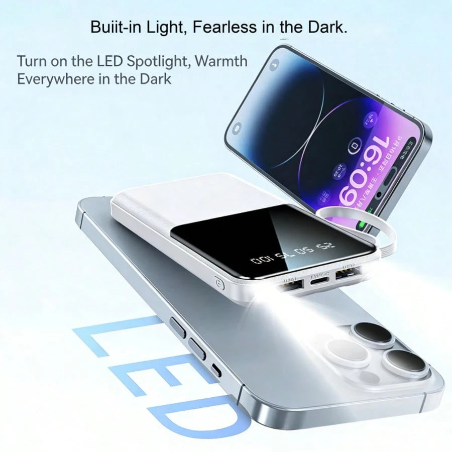 10000mAh Portable Power Bank With Built-In Lightning, USB-C & USB Charging Cables, LED Digital Display, Flashlight, Compact Battery Pack For Travel, Emergency Backup & Daily Use
