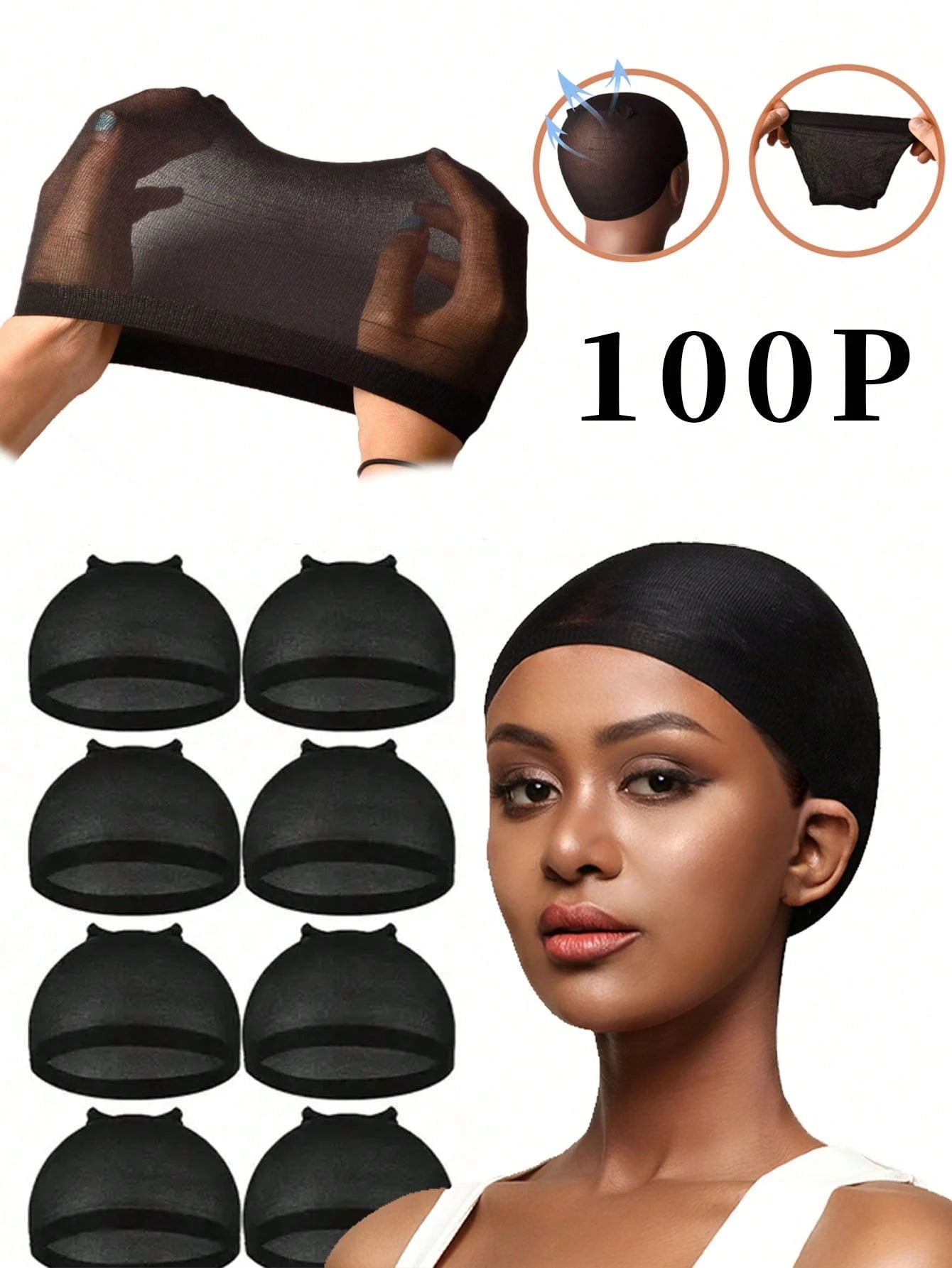100PCS Black Stretch Mesh Dome Wig Caps, Breathable Wig Liners For Braids, Weaving & Glueless Wig Cap Inner Net
