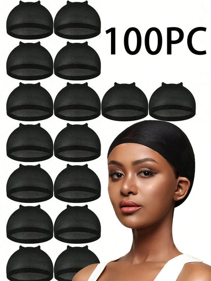 100PCS Black Stretch Mesh Dome Wig Caps, Breathable Wig Liners For Braids, Weaving & Glueless Wig Cap Inner Net