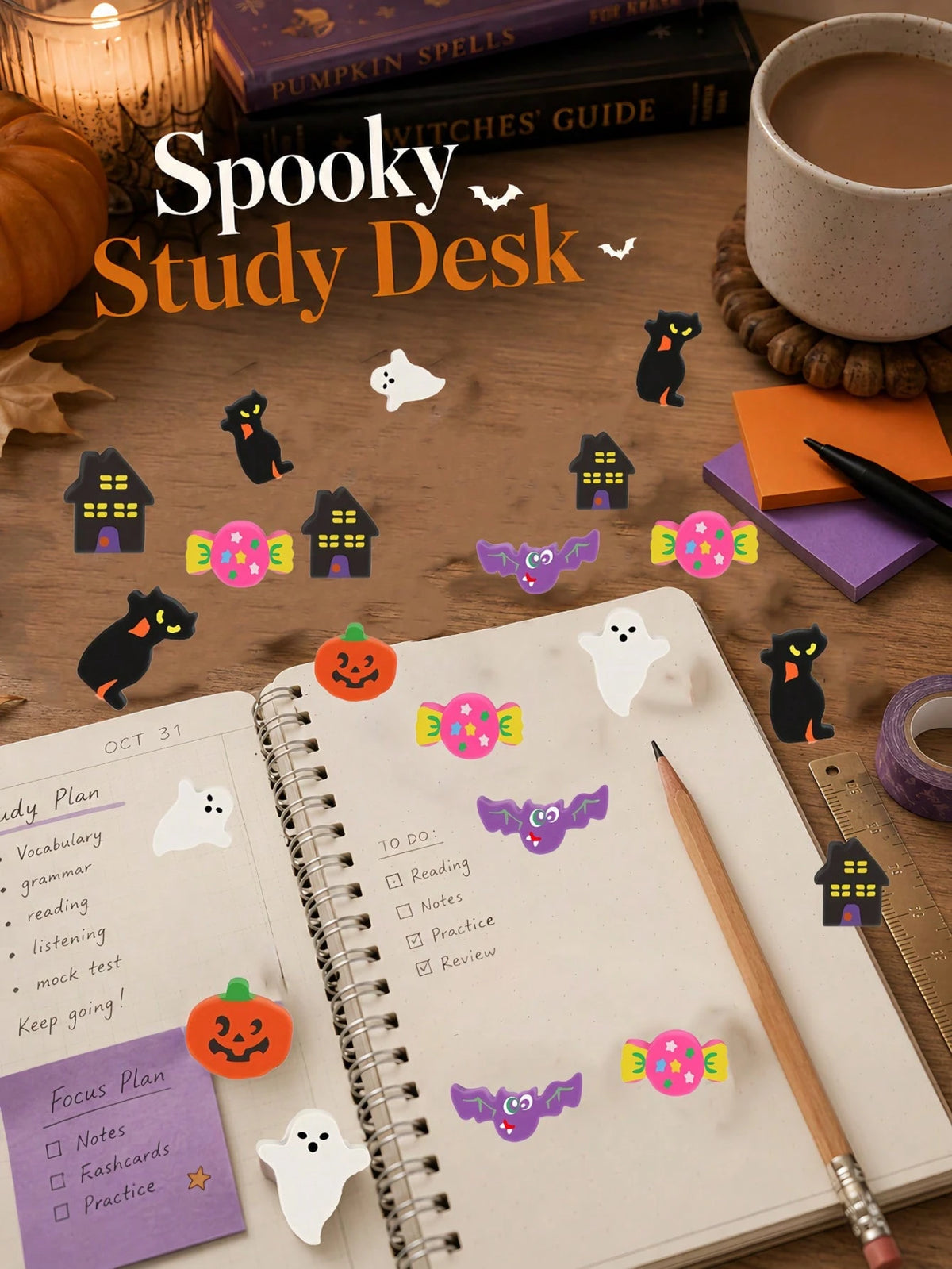 100pcs-Mini Halloween Erasers, Pumpkin Ghost Bat Fun Pencil Erasers, Halloween Party Gifts, Student Classroom Rewards, School Office Art Supplies, Student Office Supplies, Desktop Decoration